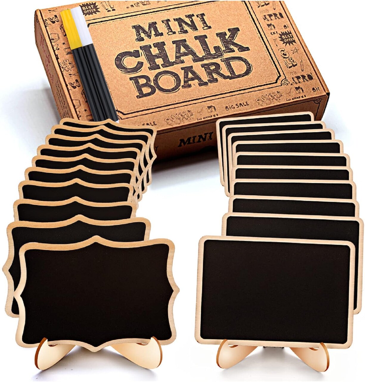 Mini Chalkboard Signs, 20 Pack Framed Small Chalk Board Food Labels with Easel Stand for Party Buffet or Wedding Celebration, Wooden Blackboard as Place Cards for Table Setting or Numbers& Organizer Storage Tote Bag